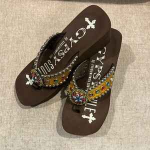 Gypsy Soule Yellow 3” flip flop with colorful .Swarovski crystals